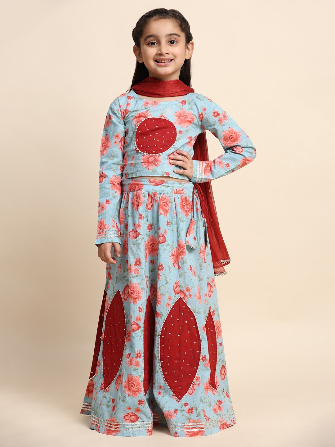 

Maaesa Girls Printed Beads and Stones Ready to Wear Lehenga & Blouse With Dupatta, Teal