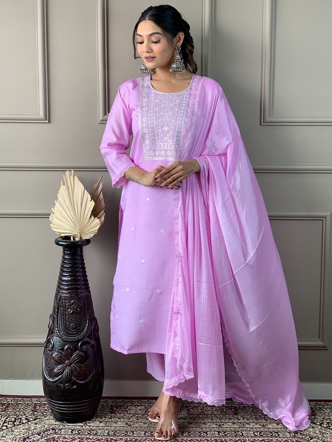 

NIZA FASHION Floral Embroidered Thread Work Chanderi Silk Kurta with Trousers & Dupatta, Purple
