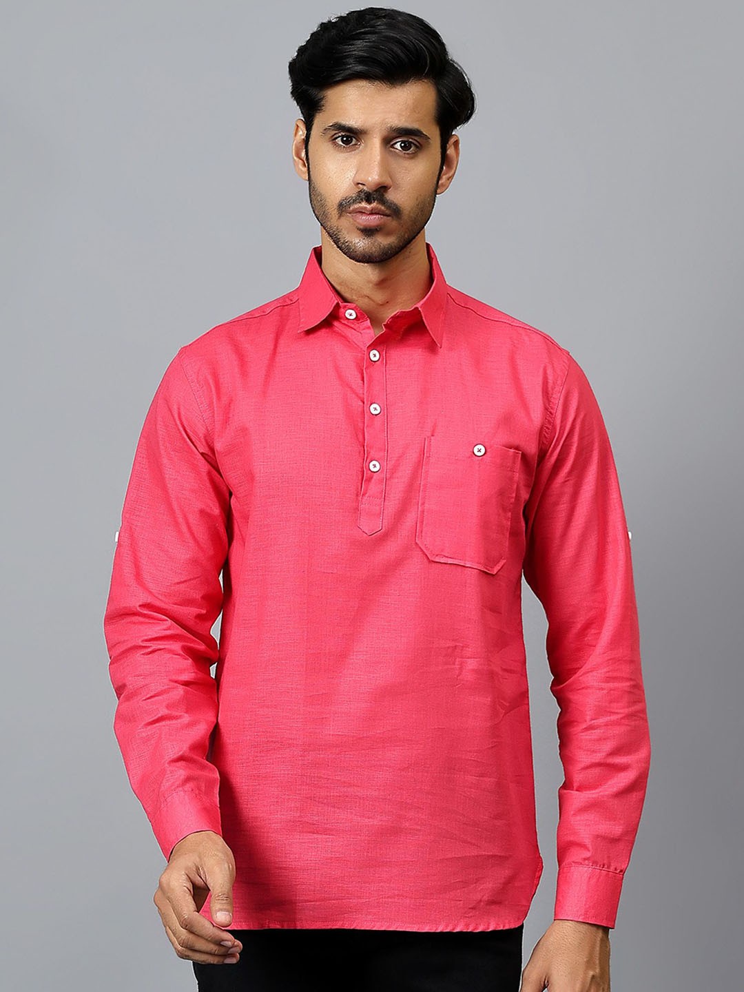 

Yugnik Shirt Collar Roll Up Sleeves Cotton Straight Short Kurta, Pink
