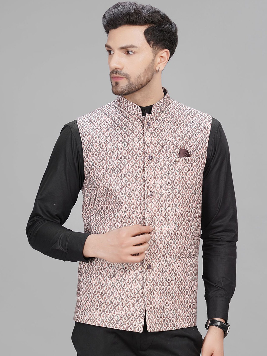 

LA'SCOOT Woven Design Nehru Jacket, Grey