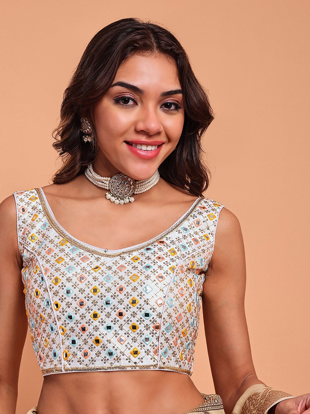 

Globon Impex Embellished Silk Saree Blouse, White
