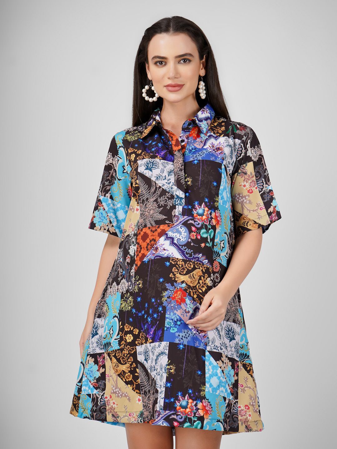 

Sukshat Shirt Collar Abstract A-Line Mini Dress, Black