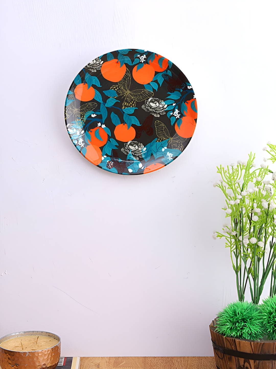 

PENTADECO Black & Orange-Coloured Floral Printed Ceramic Wall Plate