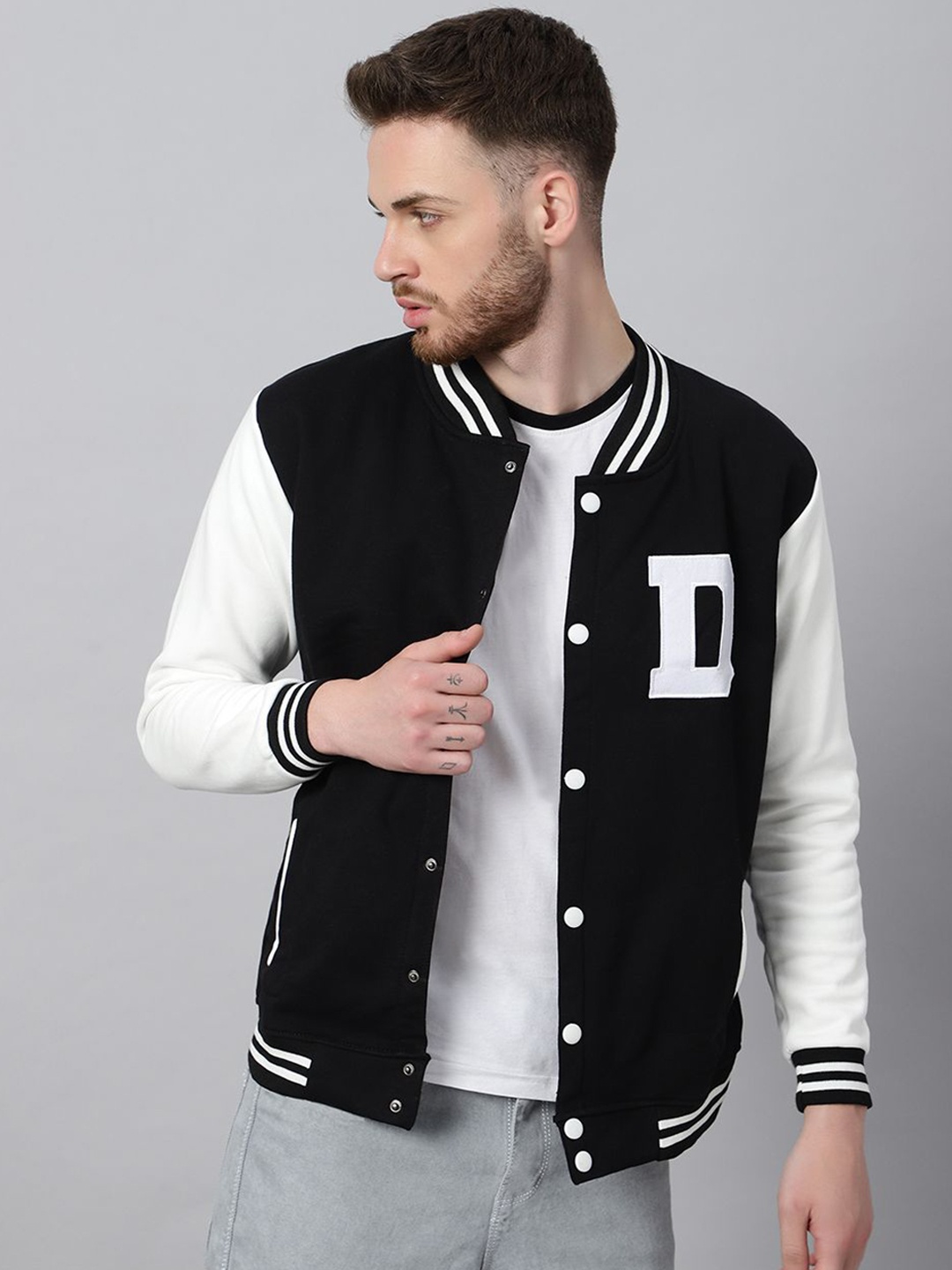 

Be Savage Men Windcheater Outdoor Varsity Jacket with Patchwork, Black