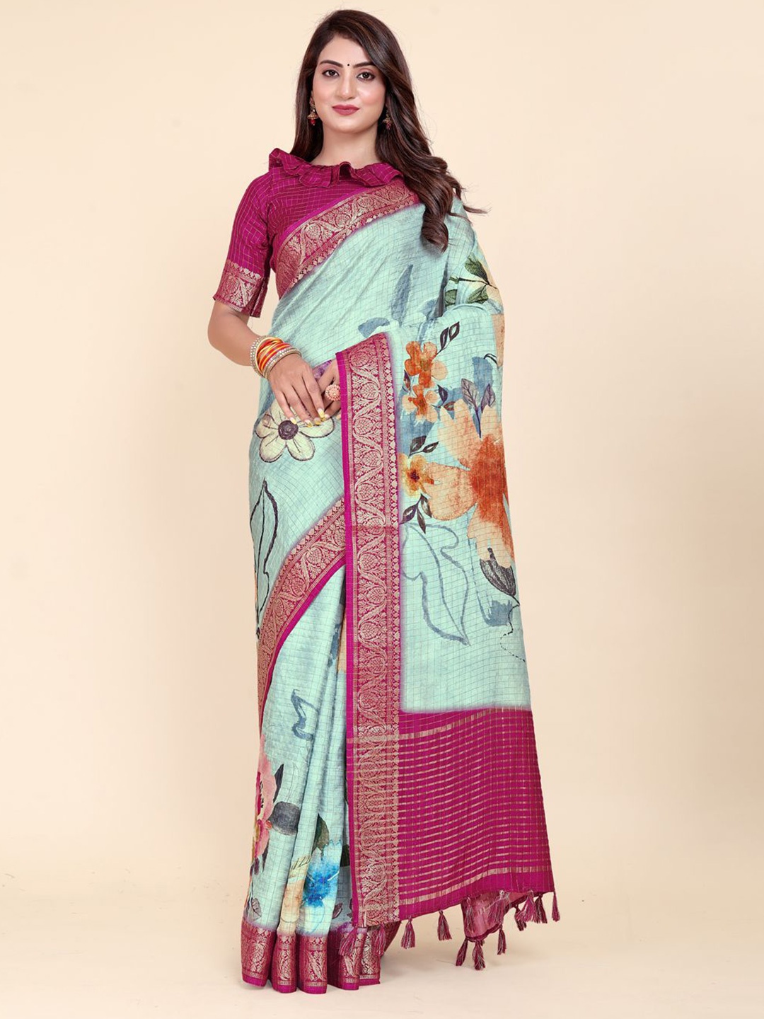 

ETHNIC TODAY Floral Zari Saree, Pink