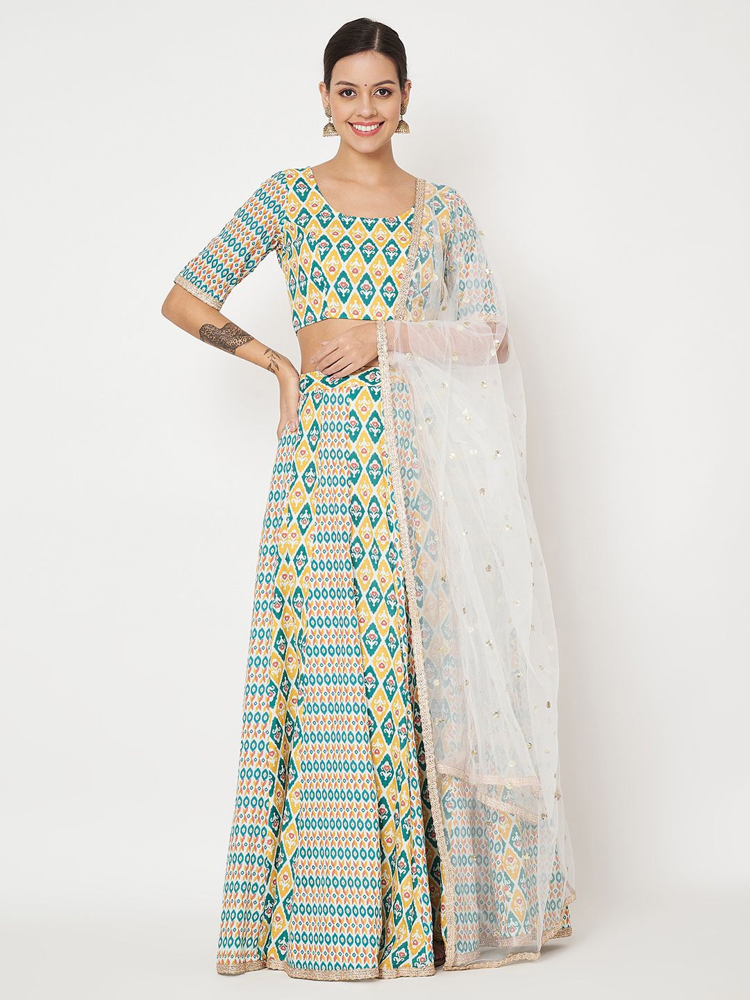 

studio rasa Block Printed Cotton Ready to Wear Lehenga & Blouse With Dupatta, White