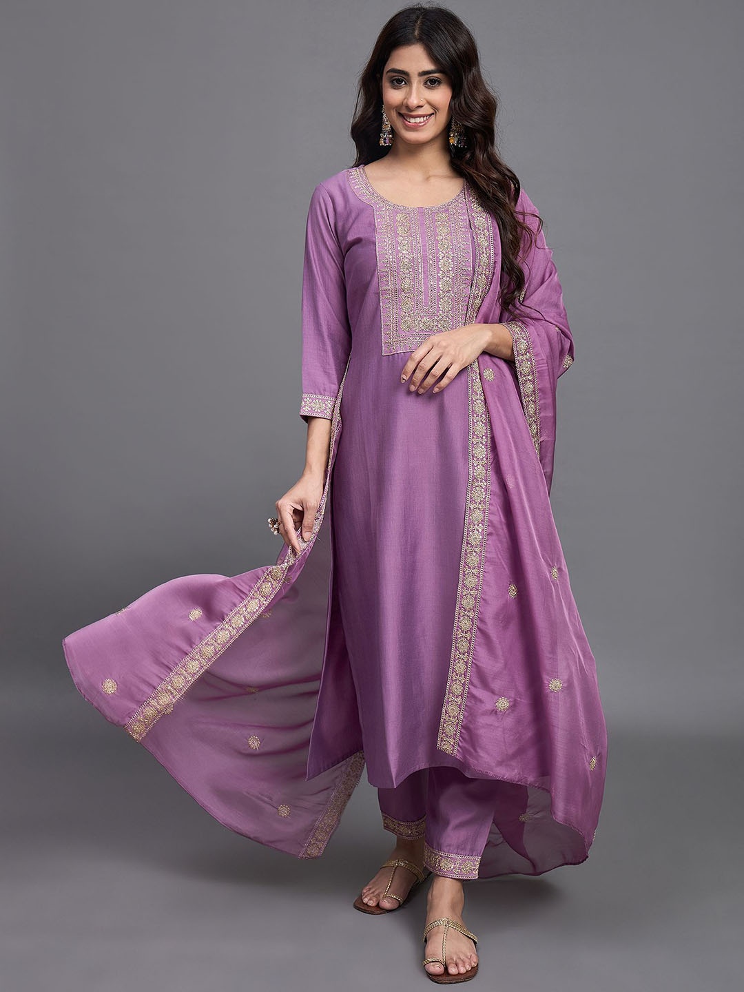 

KLOSIA Ethnic Motifs Embroidered Pure Silk Straight Kurta with Trousers & With Dupatta, Pink