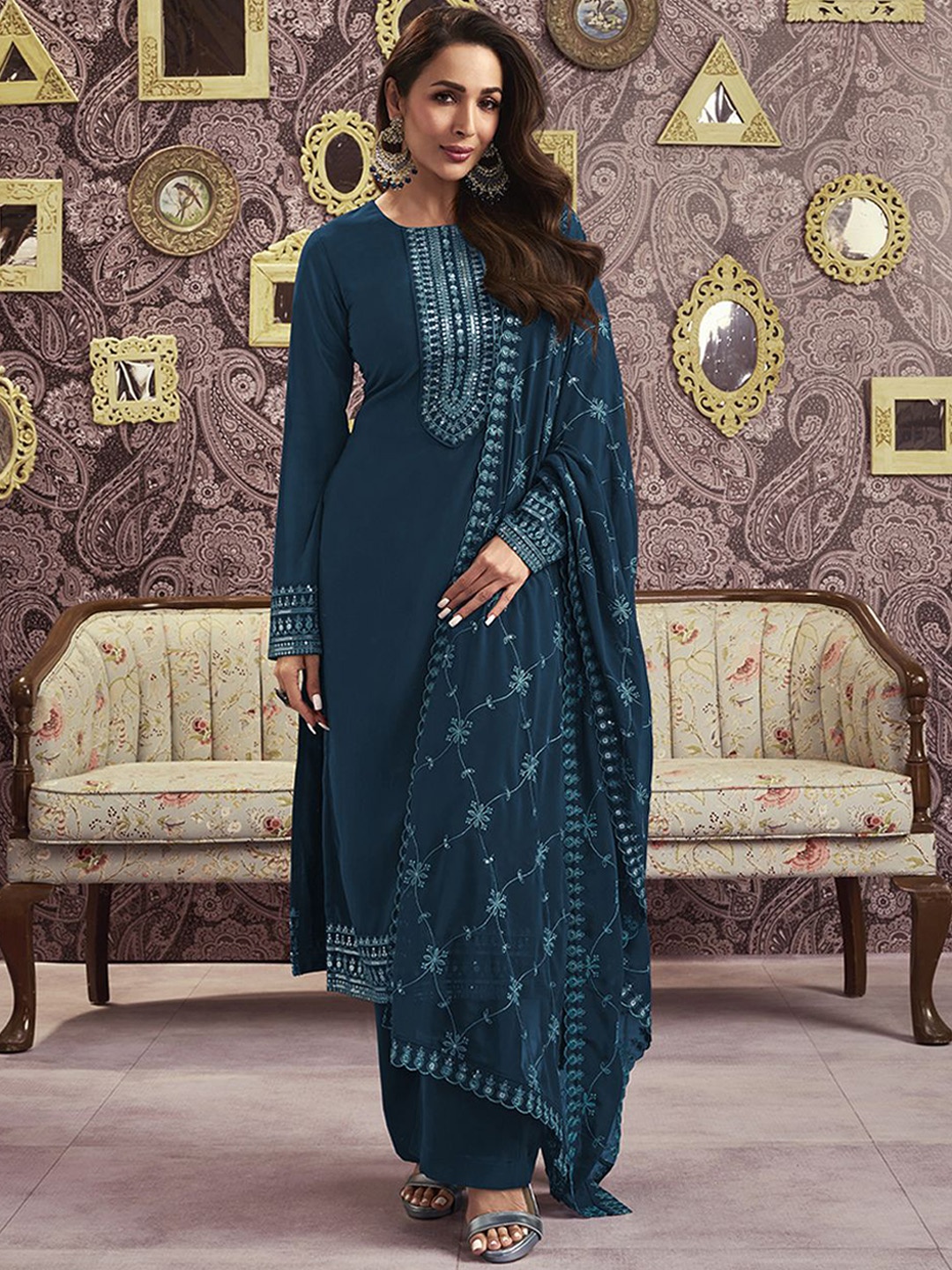 

Inddus Ethnic Motifs Yoke Design Kurta Palazzo & Dupatta, Teal