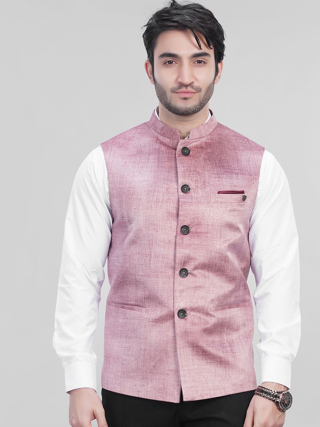 

LA'SCOOT Woven Design Nehru Jacket, Pink