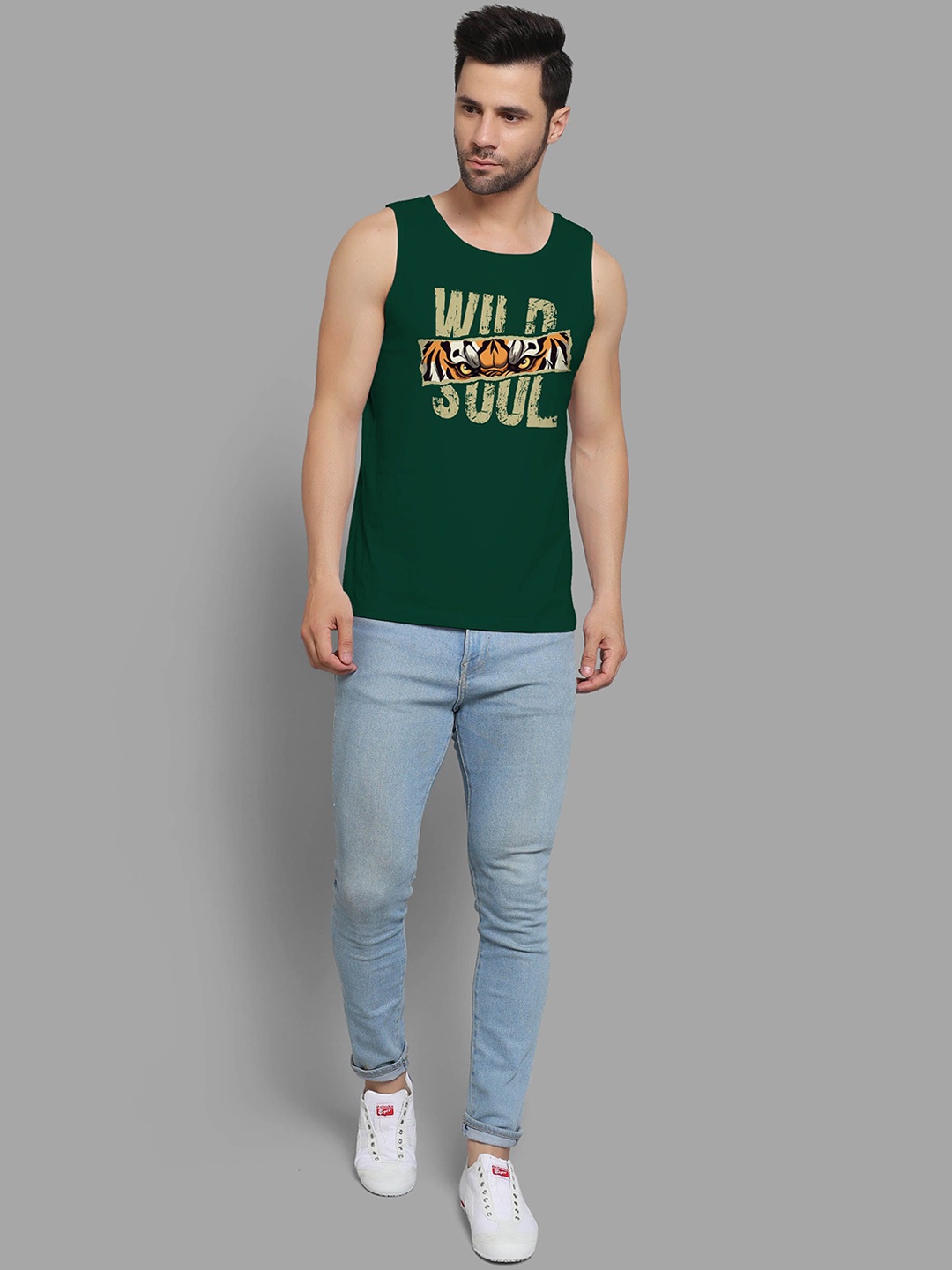 

DAB SHARK Printed Cotton Sleeveless Gym Vest, Green