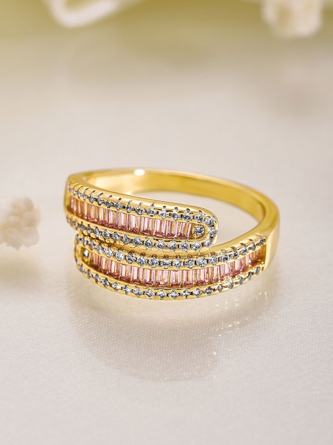 

Rubans 22K Gold Plated Pink AD & Cubic Zirconia Studded Adjustable Finger Ring