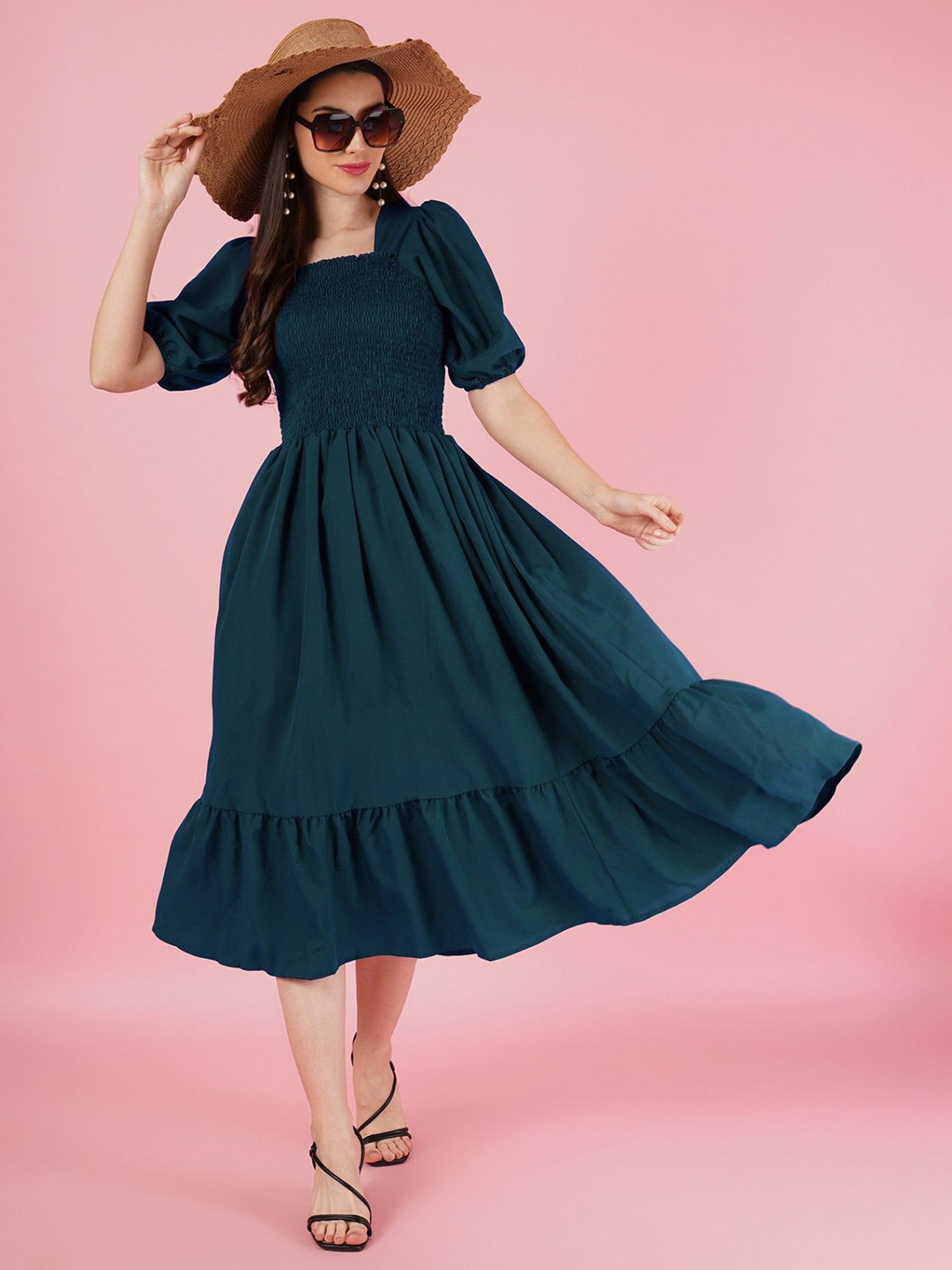 

Femvy Puff Sleeve Fit & Flare Dress, Blue