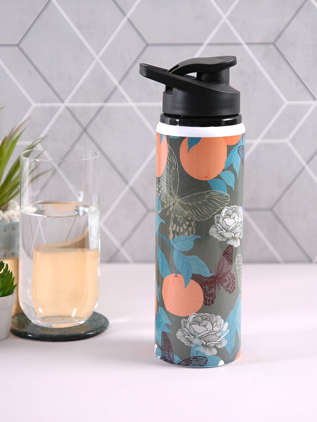 

PENTADECO Grey & Blue Floral Printed Single Wall Vacuum Water Bottle 750 ml