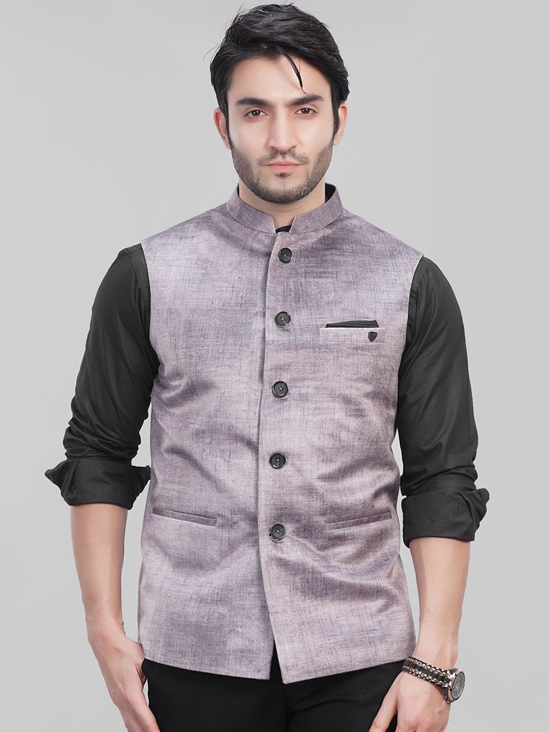 

LA'SCOOT Woven Design Nehru Jacket, Grey
