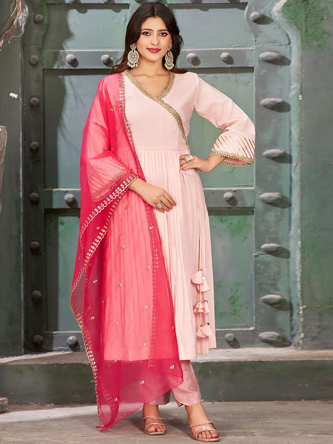 

Curvy Lane Women Embroidered Angrakha Sequinned Kurta with Trousers & With Dupatta, Pink