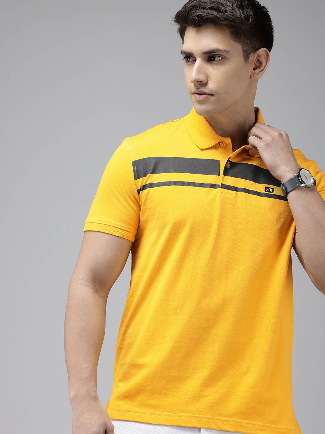 

Arrow Striped Polo Collar Pure Cotton T-shirt, Yellow
