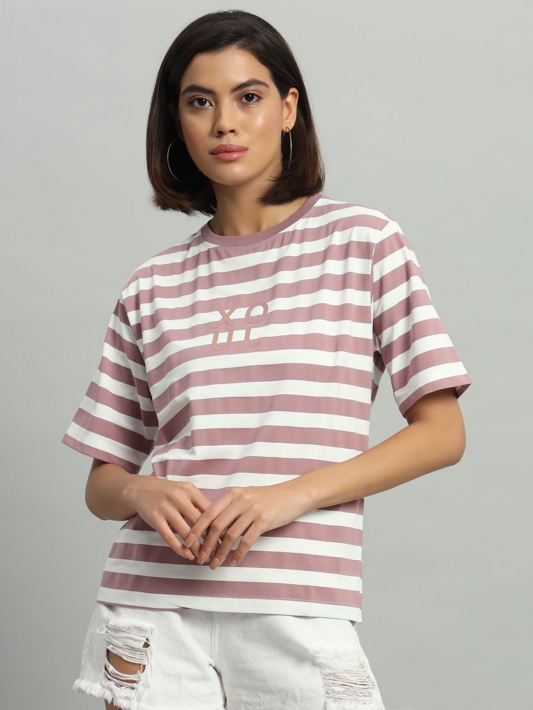 

AECK Women Striped Round Neck Cotton T-Shirt, Blue