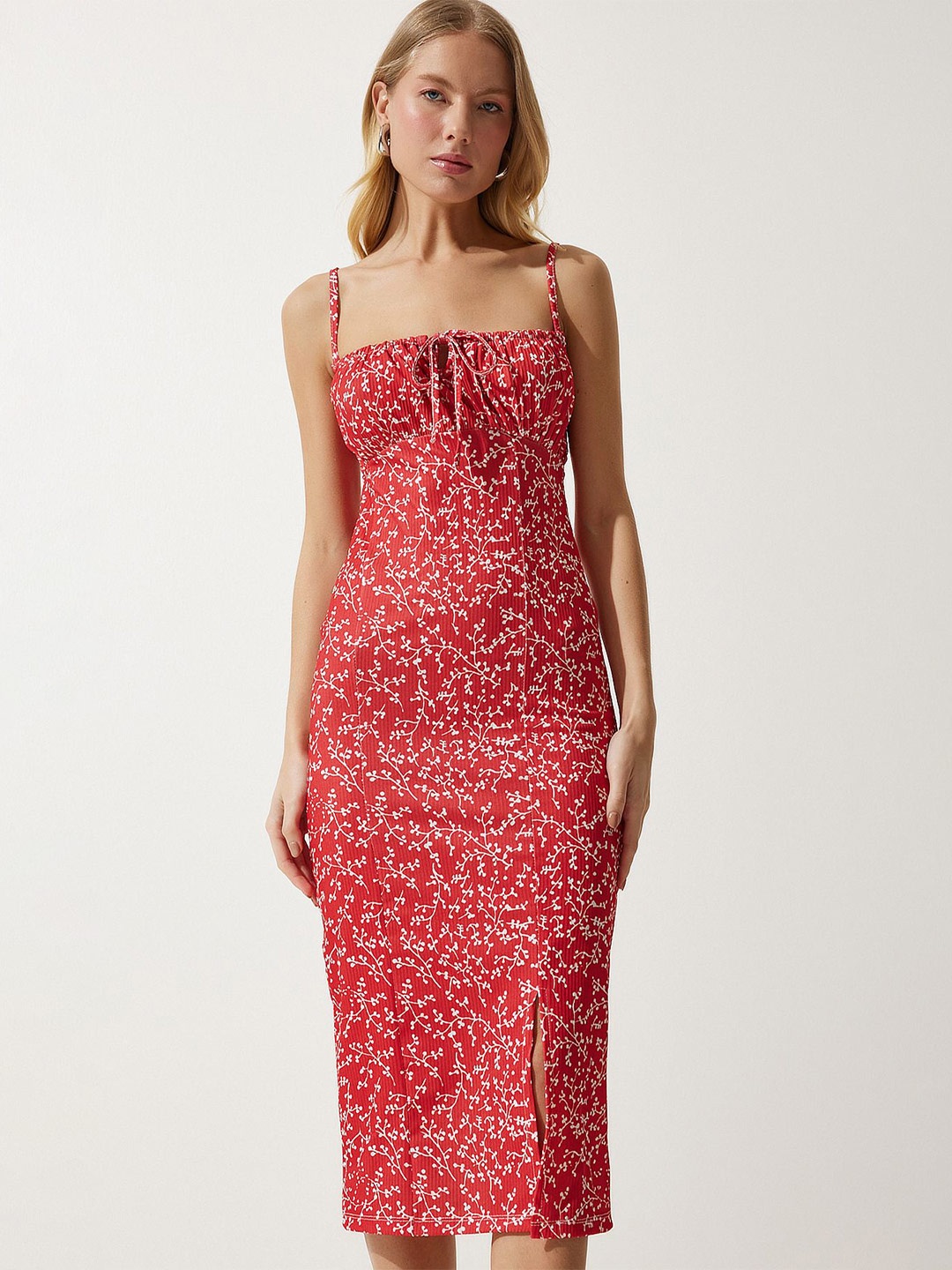 

Happiness istanbul Floral Printed Bodycon Midi Dress, Red