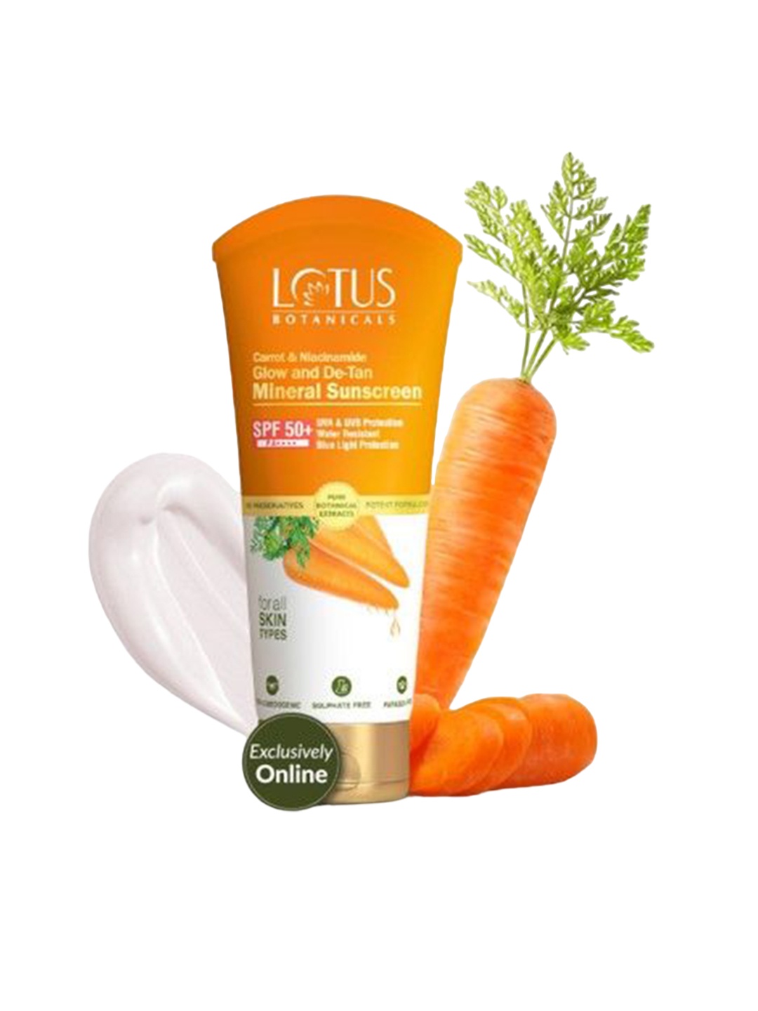 

Lotus Botanicals Carrot & Niacinamide Glow and De-Tan Mineral Sunscreen With SPF 50+ - 50g, Orange