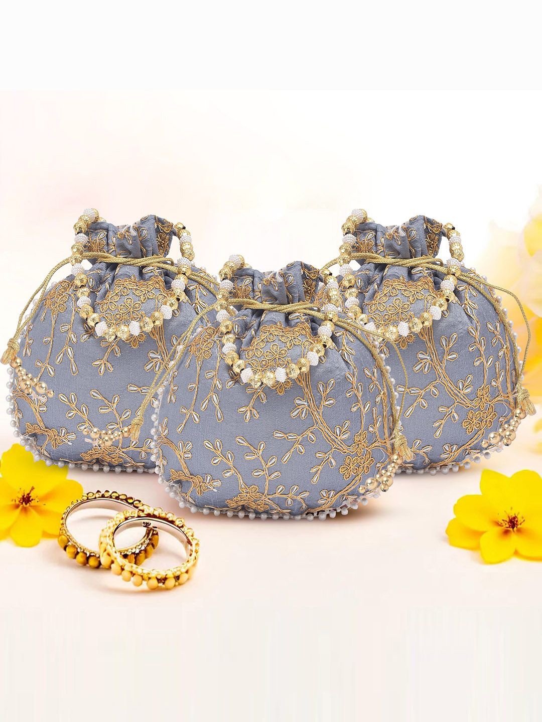 

Kuber Industries Set Of 3 Embroidered Potli Clutches, Grey