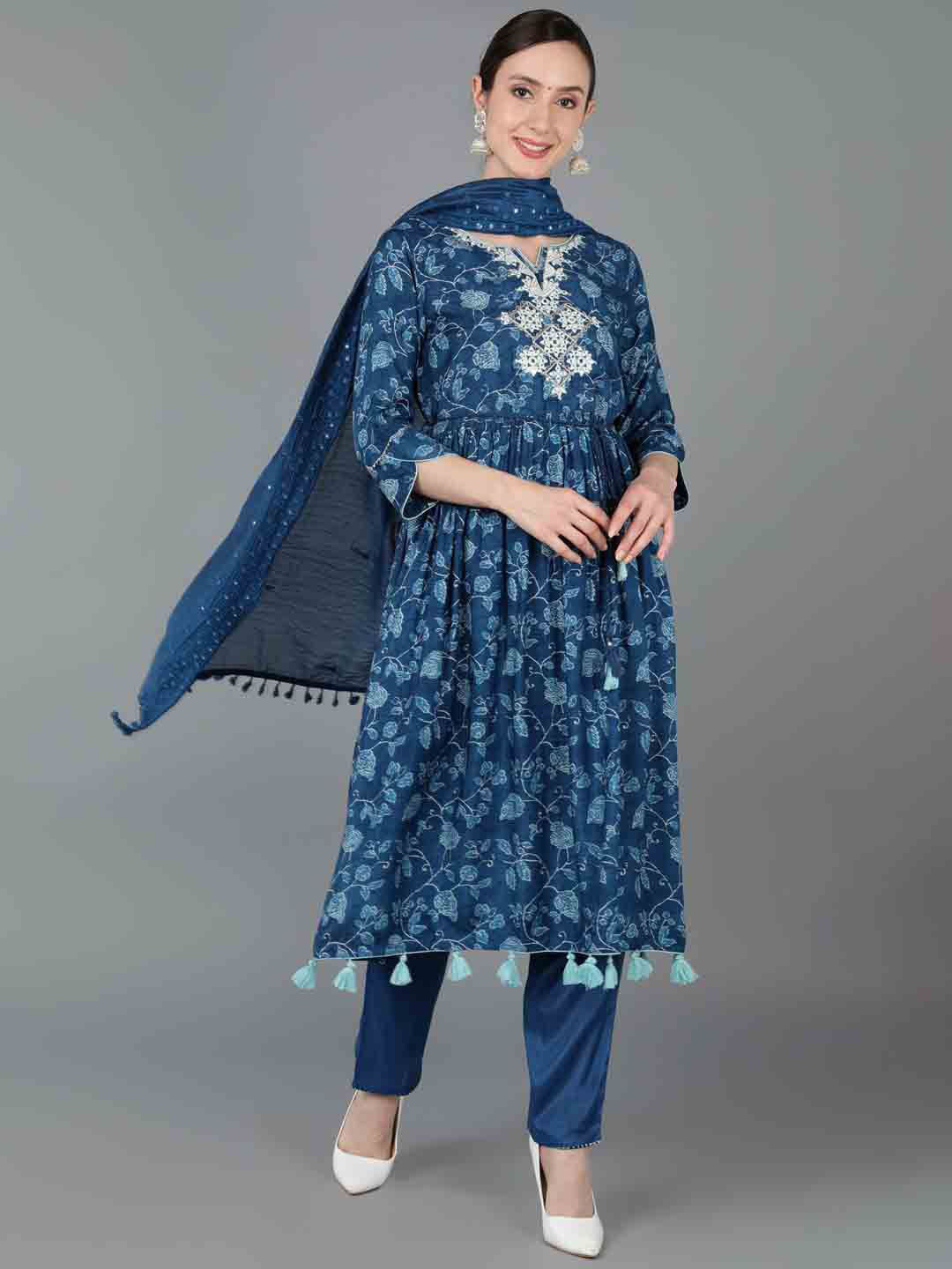 

KALINI Floral Pleated Mirror Work Chanderi Silk A Line Kurta with Trousers & Dupatta, Blue