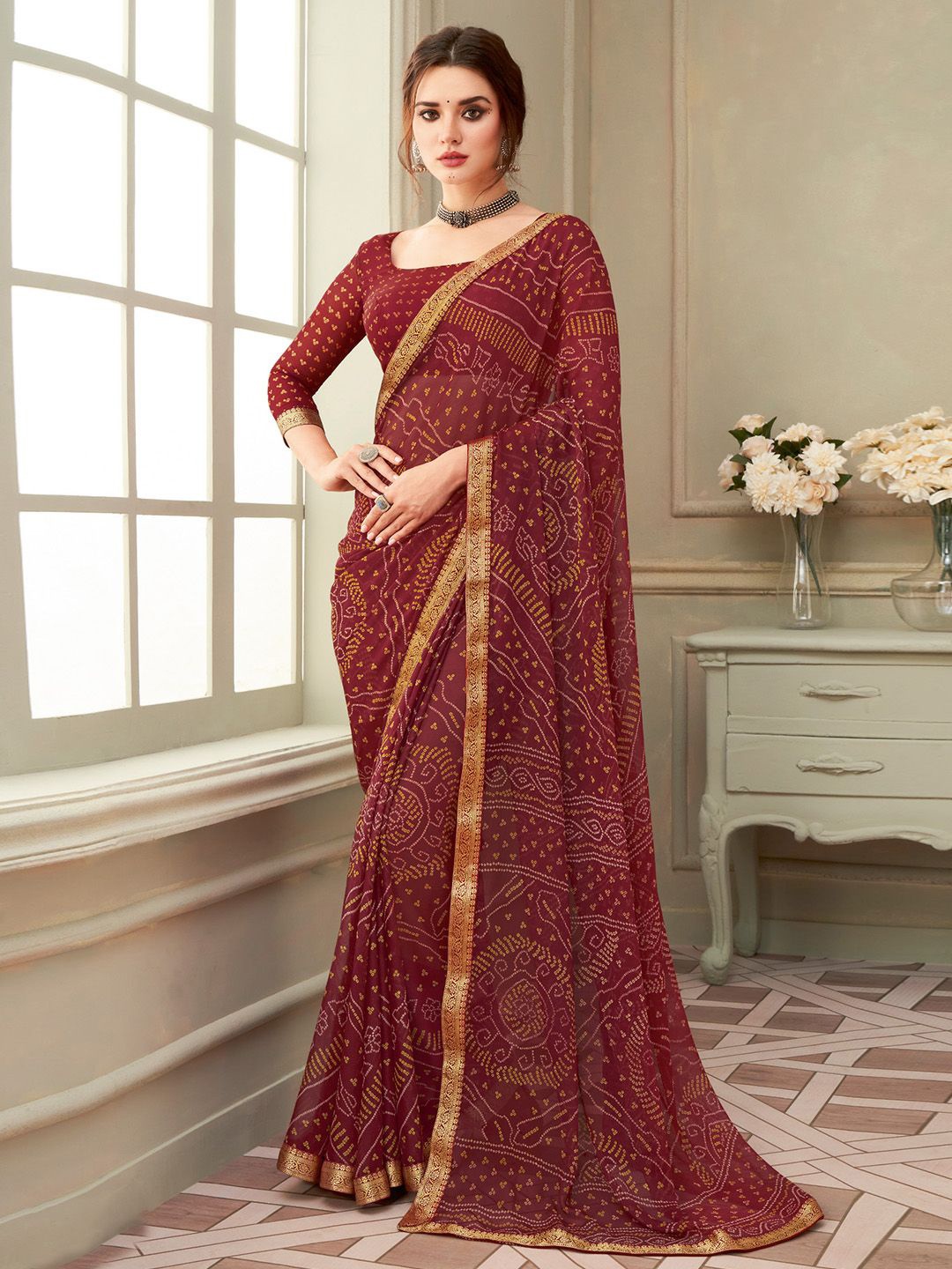 

Panzora Bandhani Zari Saree, Maroon