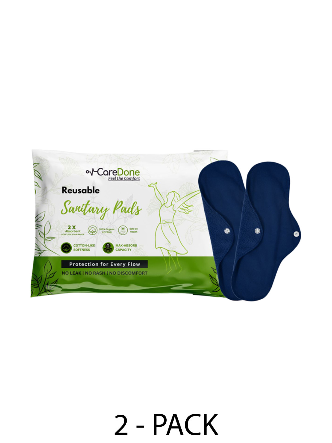 

CareDone Set Of 2 Washable & Reusable Leakproof Pure Organic Cotton Sanitary Cloth Pads-XL, Navy blue