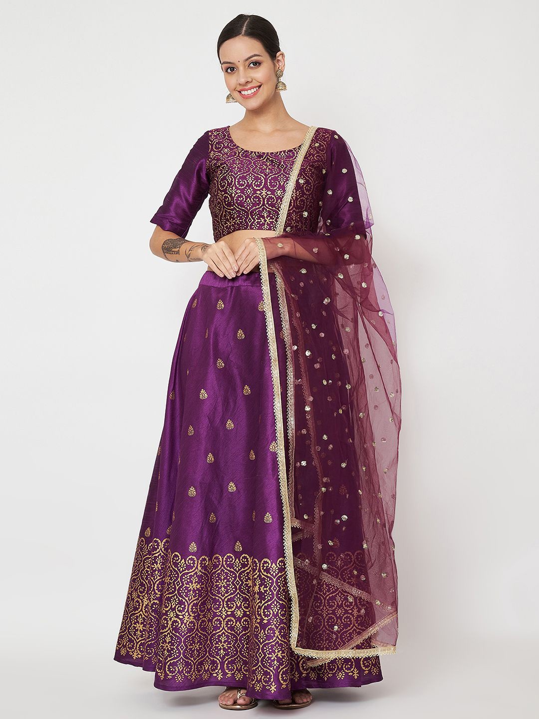 

studio rasa Block Printed Ready to Wear Lehenga & Blouse With Dupatta, Purple