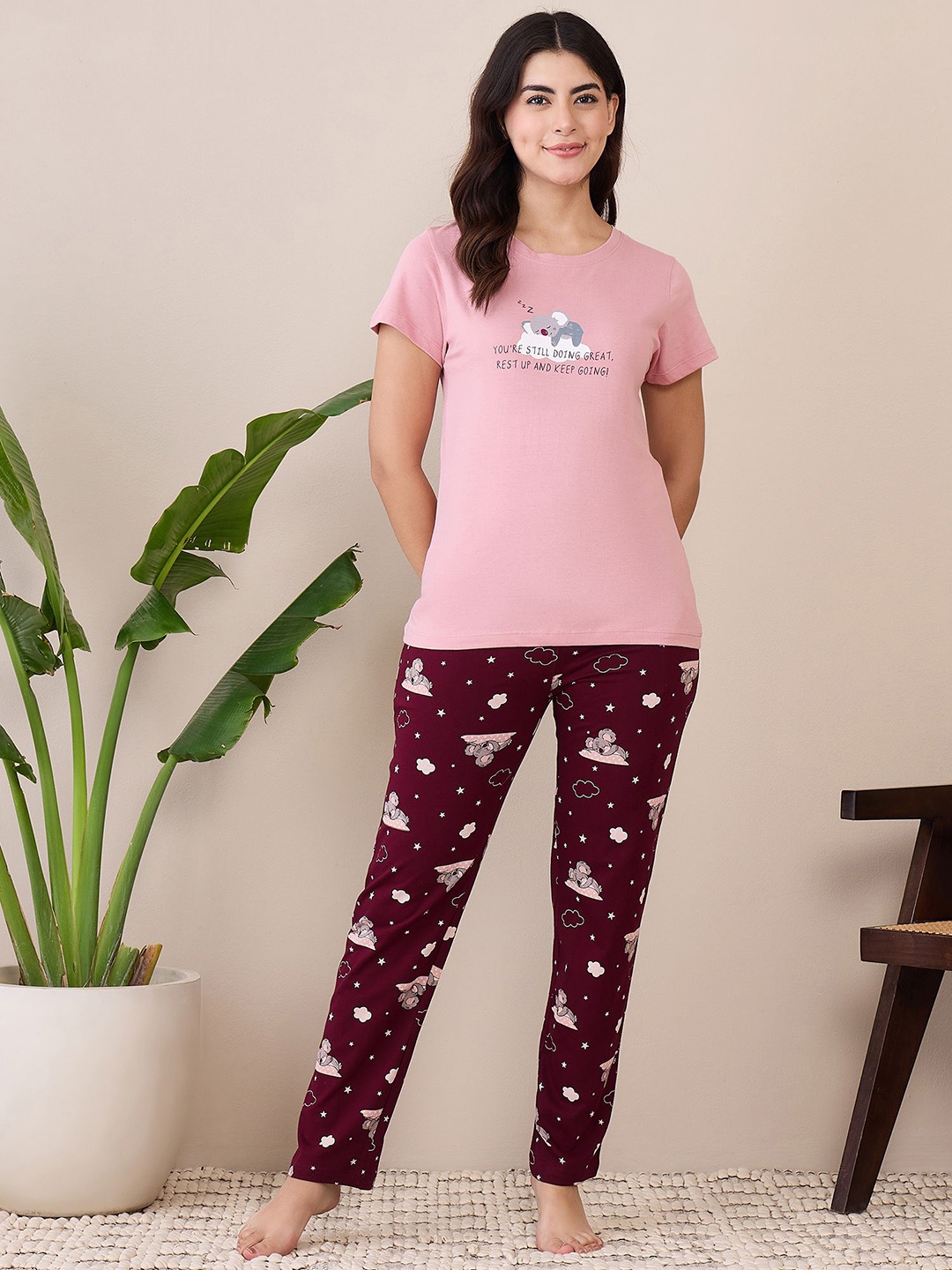 

ETC Women Graphic Printed Night Suit, Peach