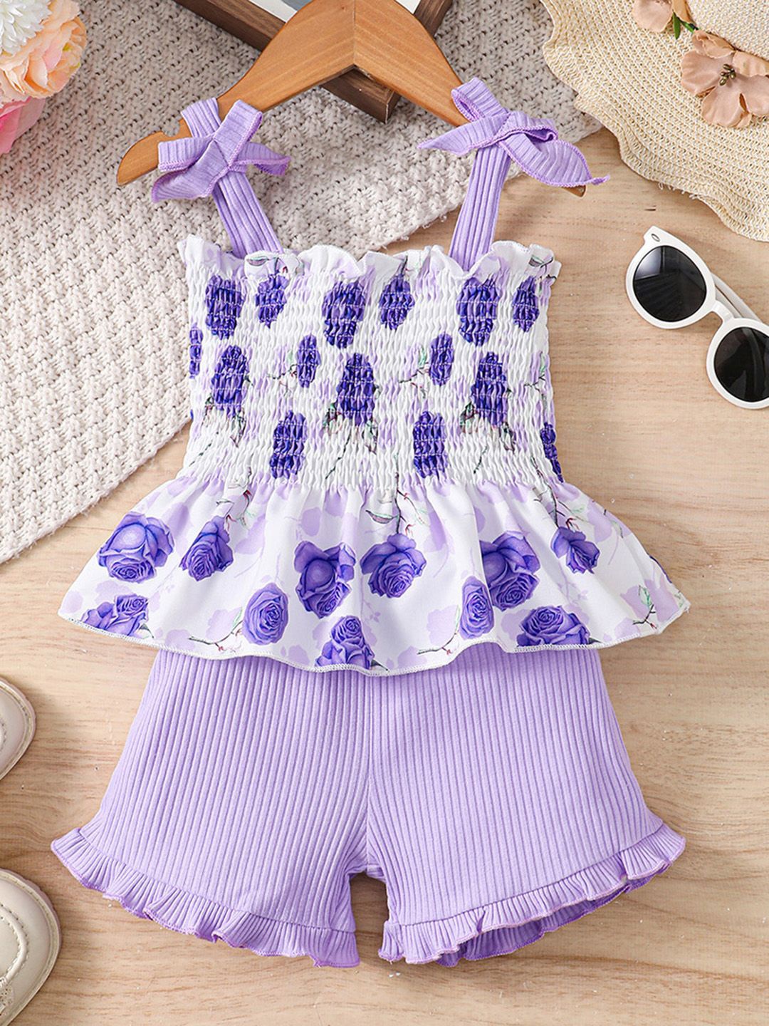 

INCLUD Girls Printed Shoulder Straps Sleeves Round Neck Top with Shorts, Violet