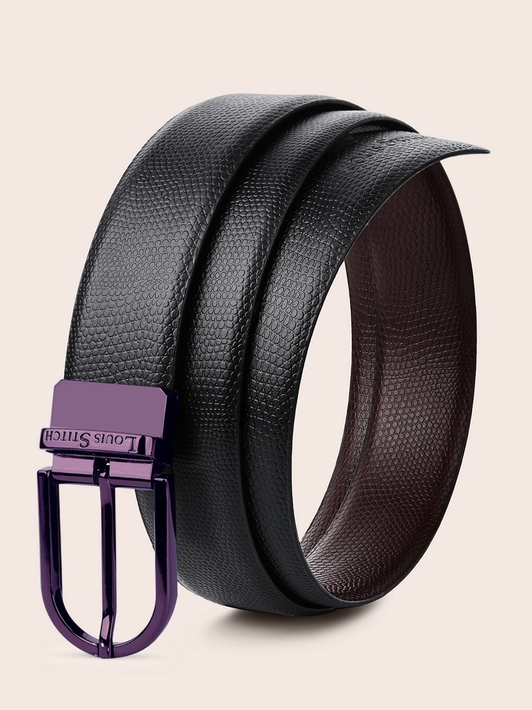 

LOUIS STITCH Men Textured Reversible Leather Formal Belt, Black