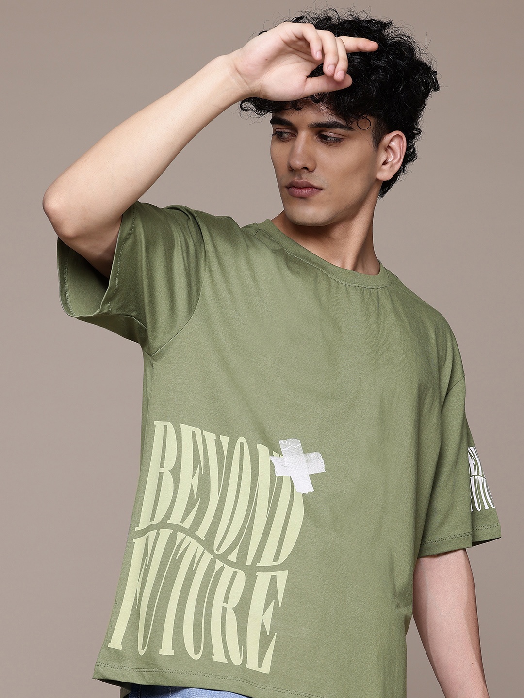 

The Roadster Lifestyle Co. Drop-Shoulder Sleeves Pure Cotton T-shirt, Olive