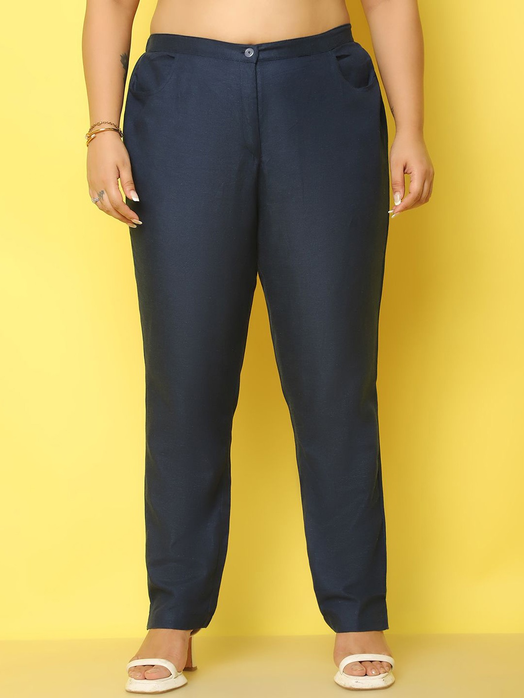 

theRebelinme Women Smart Tapered Fit High-Rise Easy Wash Trousers, Navy blue
