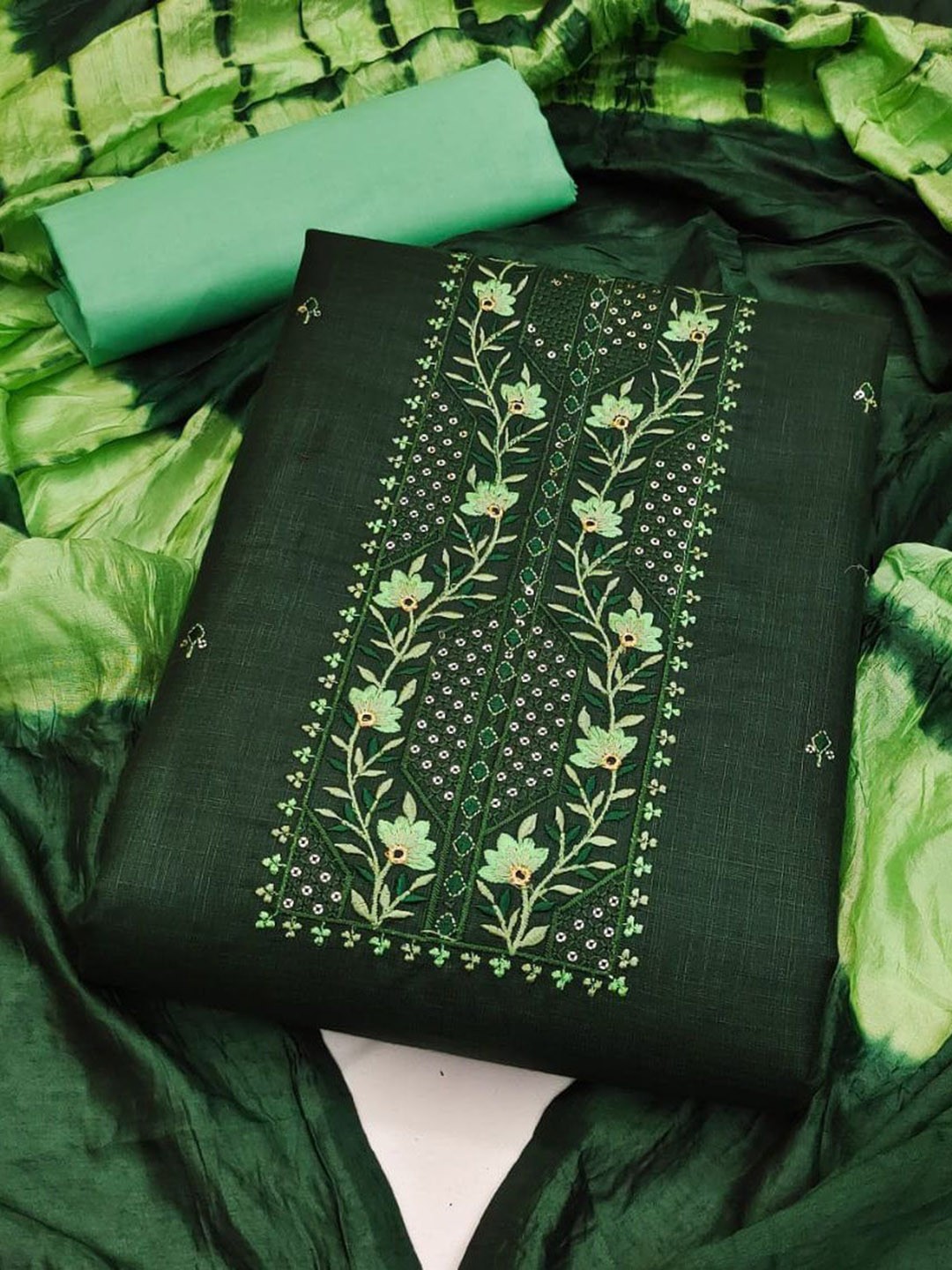 

Aika Thread Work Unstitched Dress Material, Green