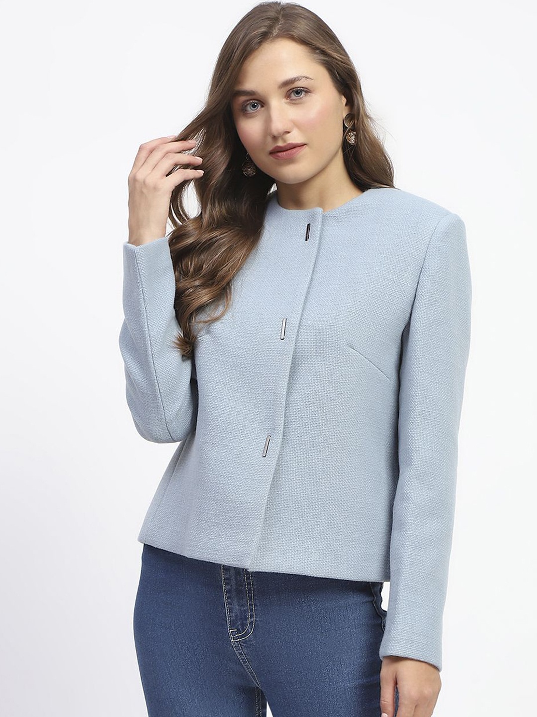 

Madame Crew Neck Buttoned Short Coat, Blue