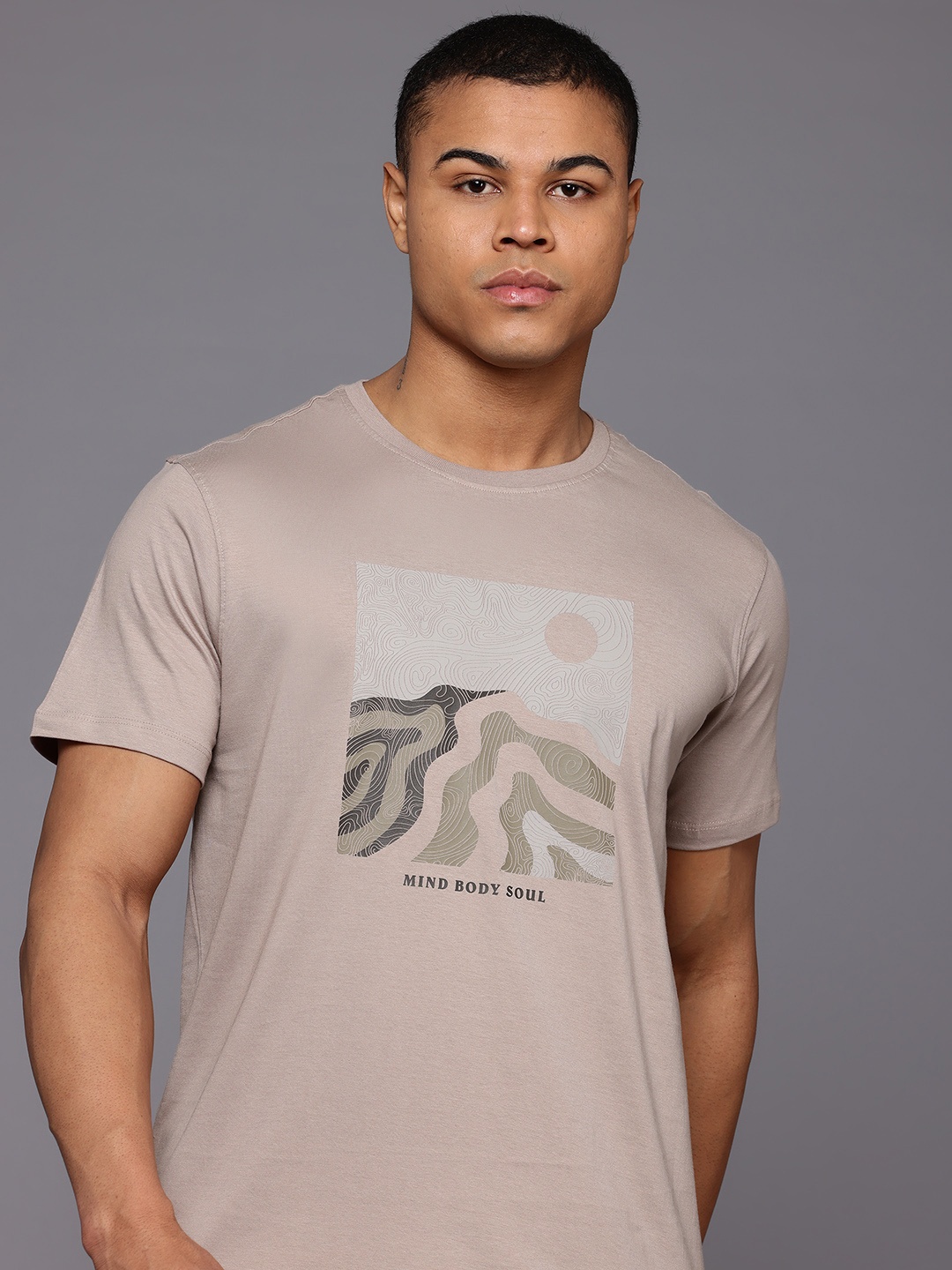 

HRX by Hrithik Roshan Printed Pure Cotton Yoga T-shirt, Taupe