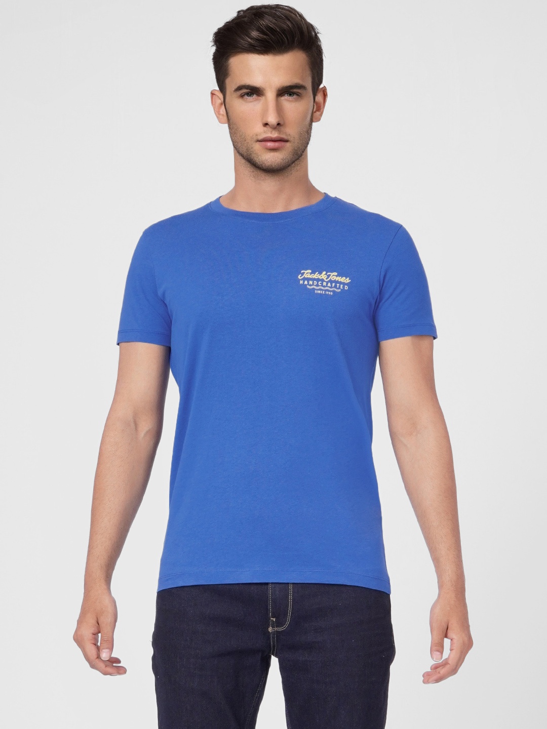 

Jack & Jones Men Blue Typography Printed Slim Fit Pure Cotton Casual T-shirt