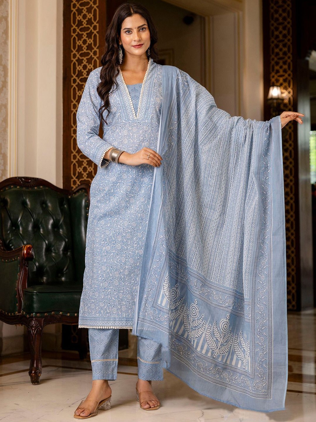 

Anni Designer Ethnic Motifs Printed Regular Straight Kurta with Palazzos & Dupatta, Blue