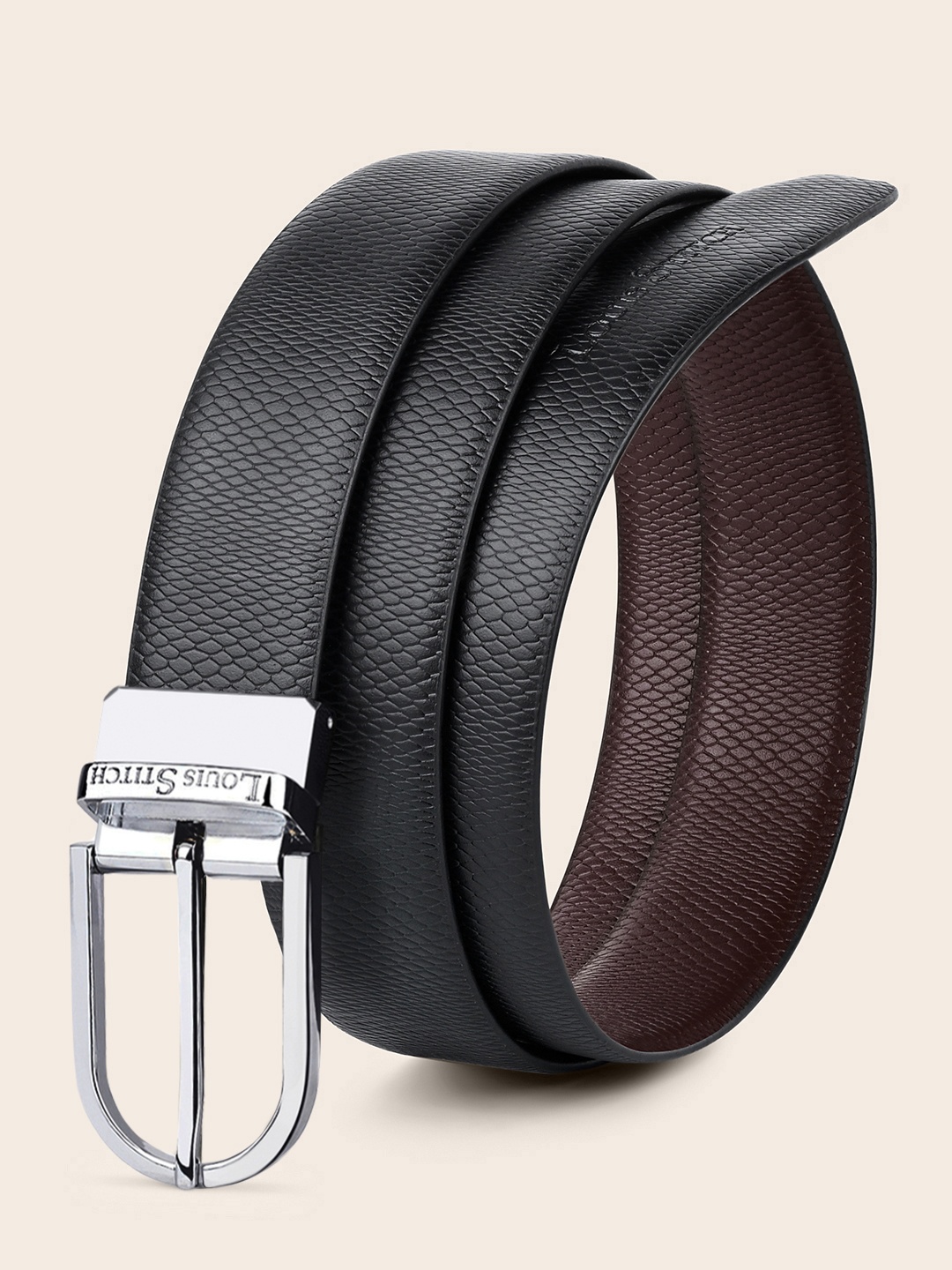 

LOUIS STITCH Men Textured Leather Formal Reversible Belts, Black