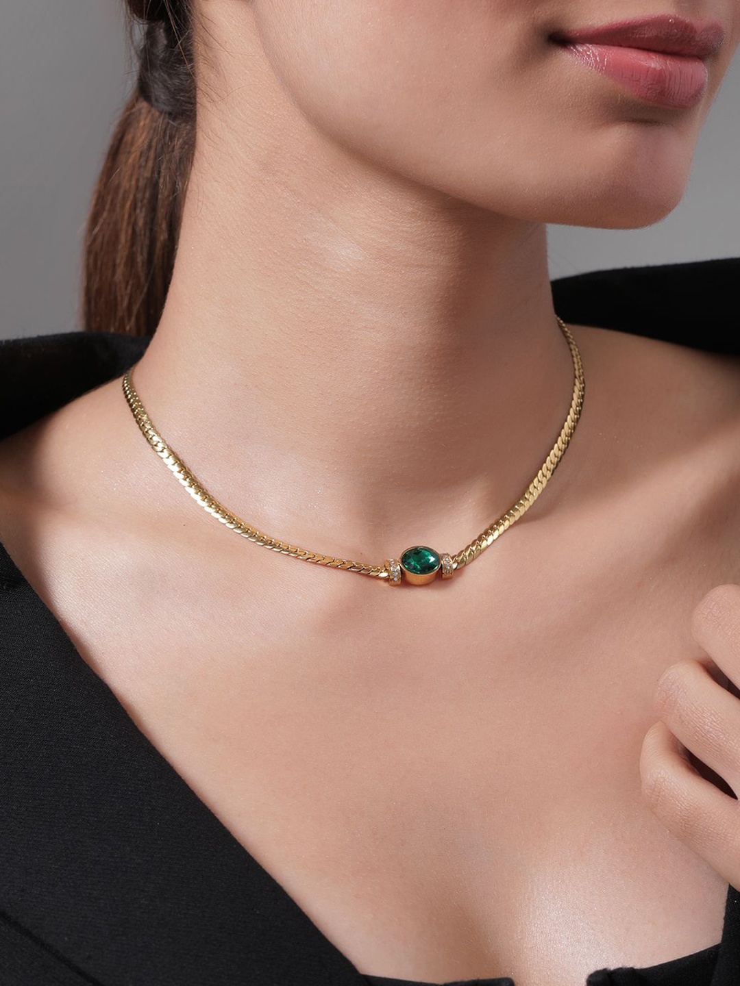 

Rubans 18K Gold Plated StainlessSteel Tarnish Free Waterproof CZ Demi-Fine Necklace