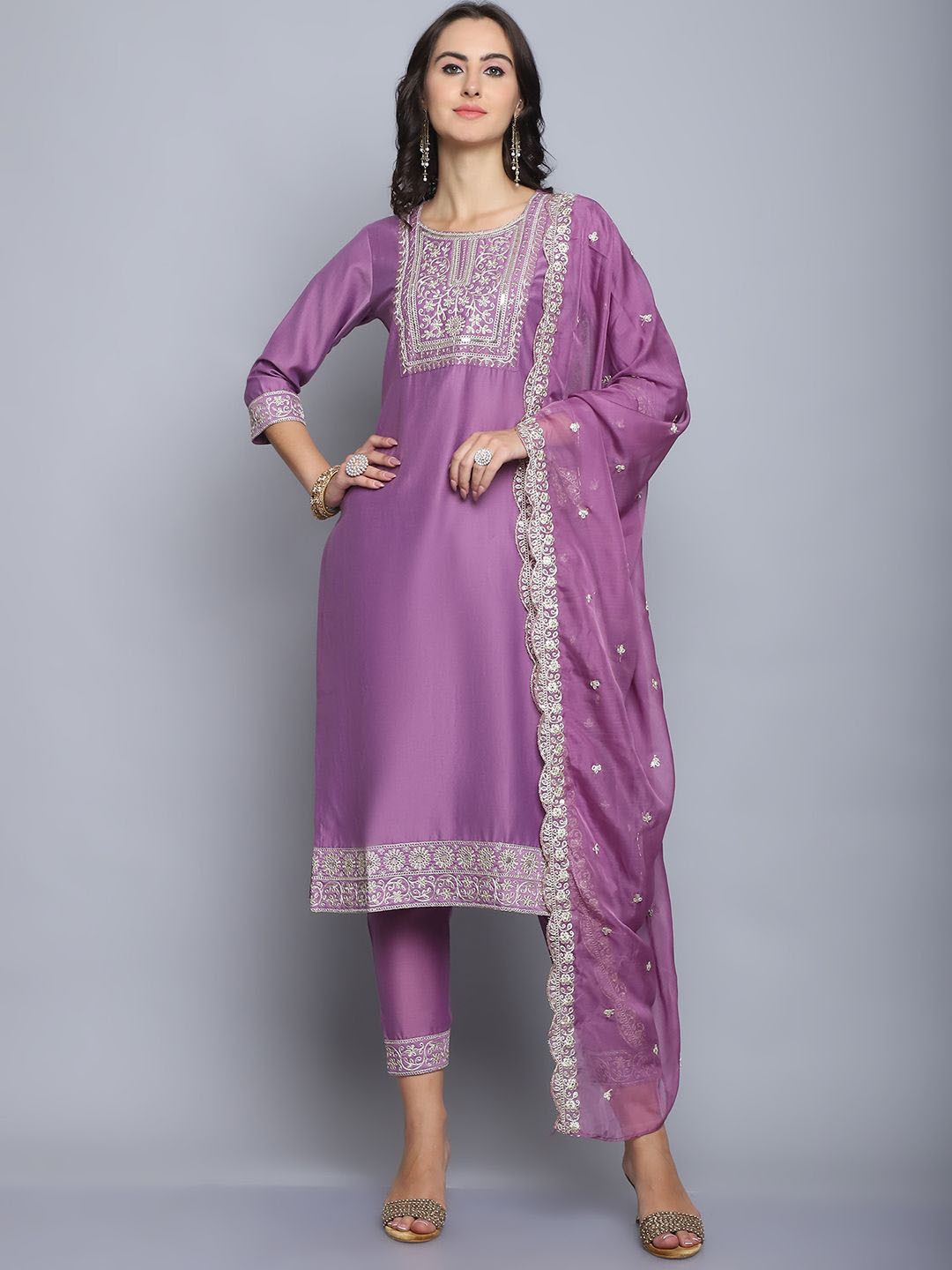 

KLOSIA Ethnic Motifs Embroidered Pure Silk Straight Kurta with Trousers & With Dupatta, Pink