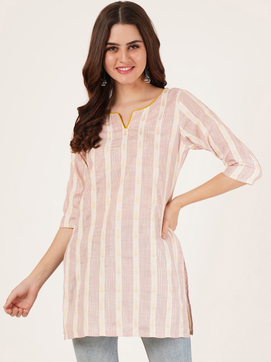 

Brownverse Women Striped Dobby Kurta, Pink
