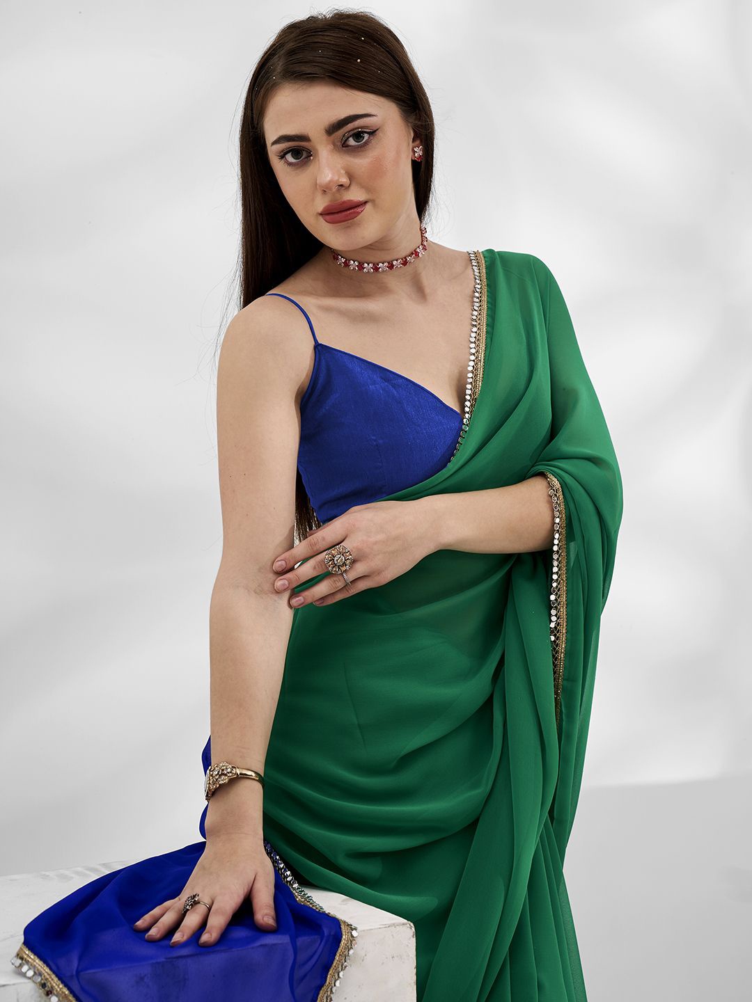 

Mitera Ready to Wear Colourblocked Gotta Patti Saree, Green
