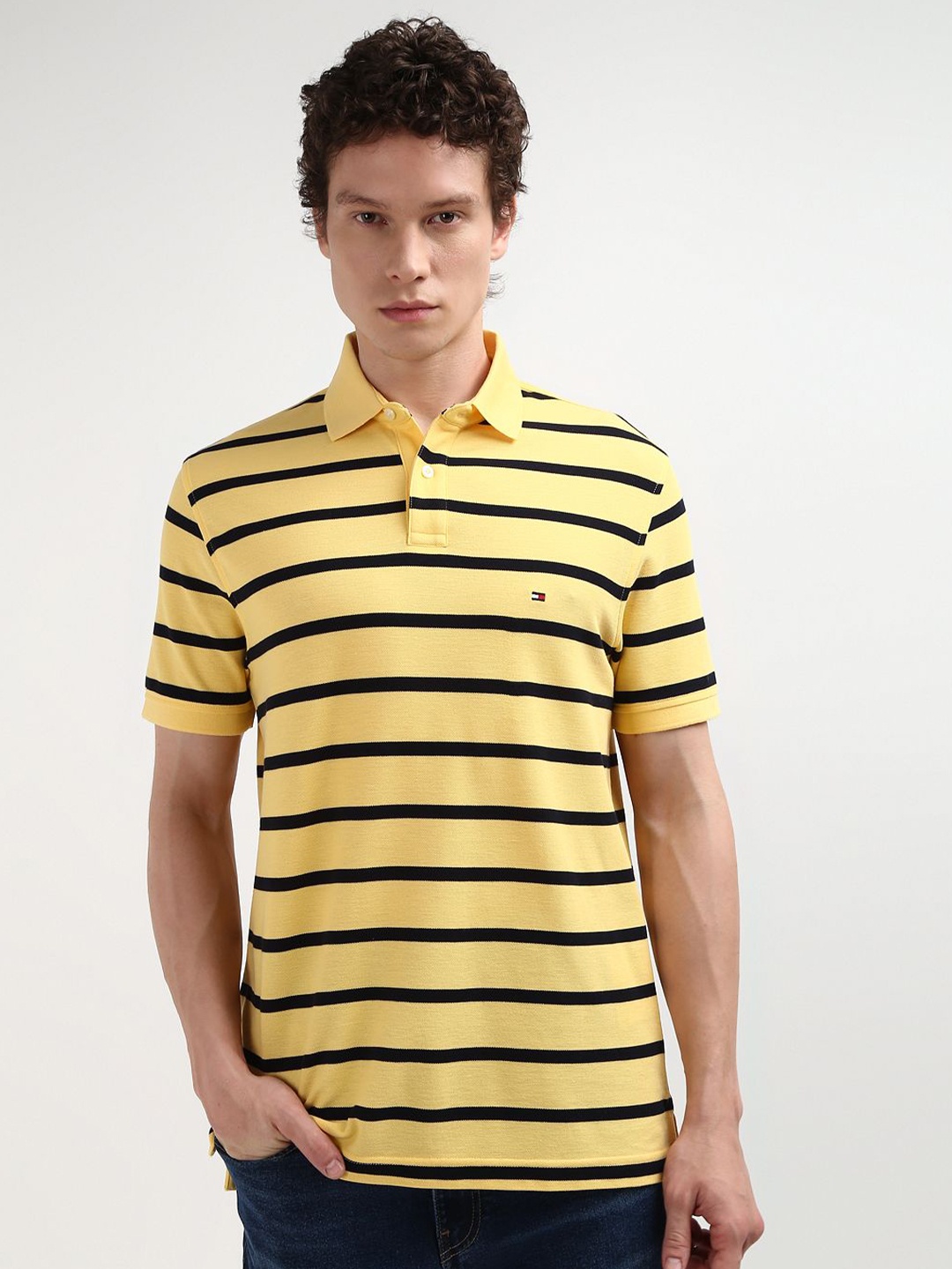 

Tommy Hilfiger Men Striped Pure Cotton Polo Collar T-shirt, Yellow