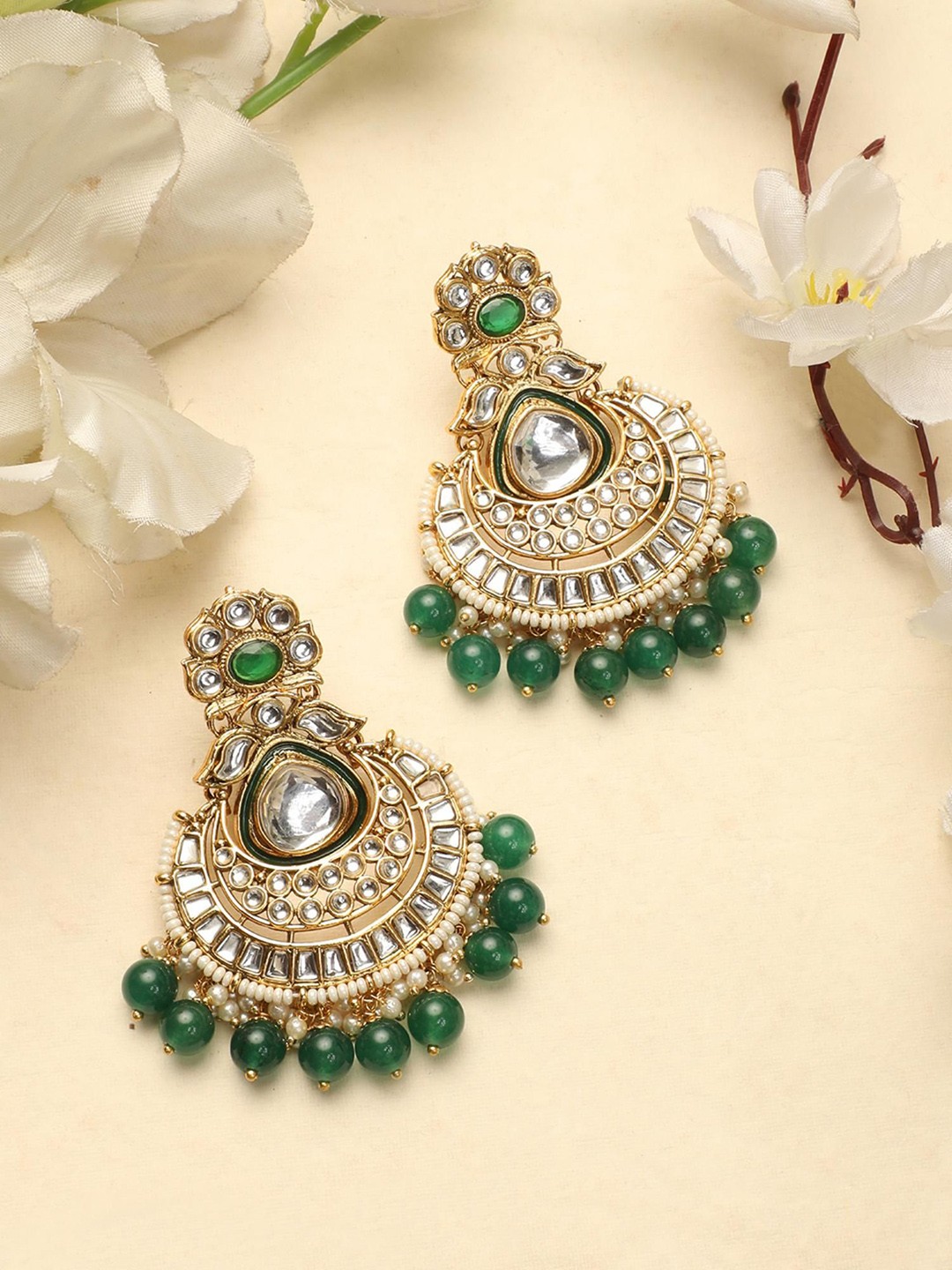 

Anouk Gold Plated Crescent Shaped Pearl & Kundan Beaded Chandbalis, Green