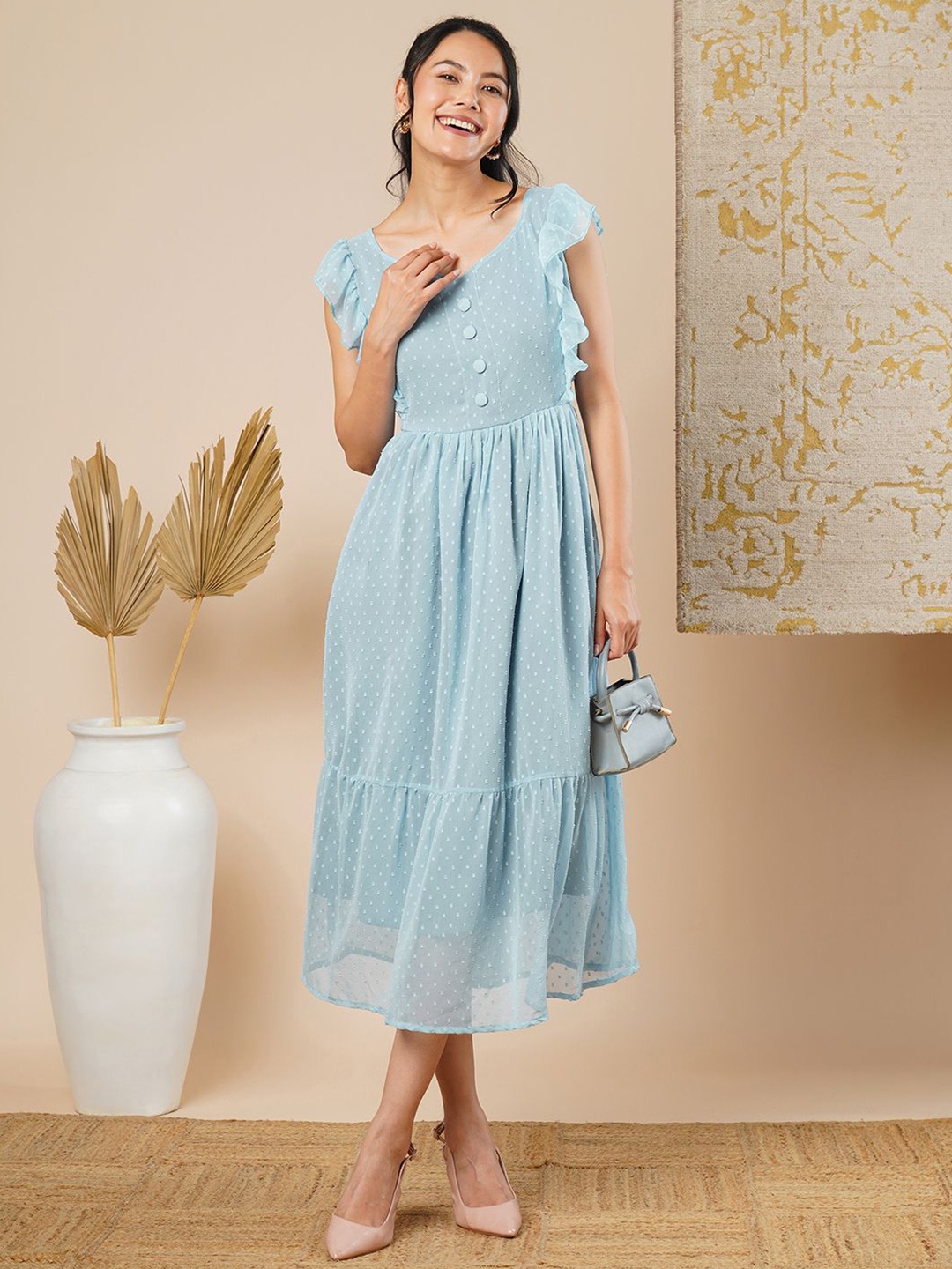 

CARTYSHOP Georgette Fit & Flare Midi Dress, Turquoise blue