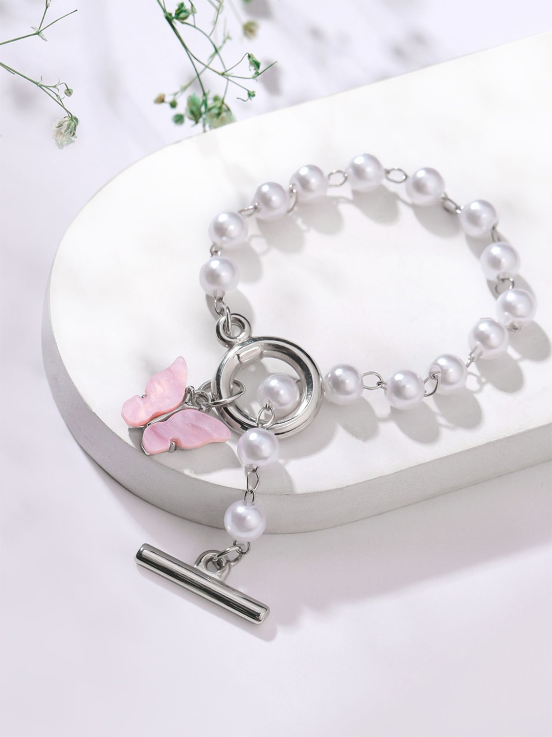 

Yellow Chimes Rhodium Plated Pearls Charm Bracelet, Silver