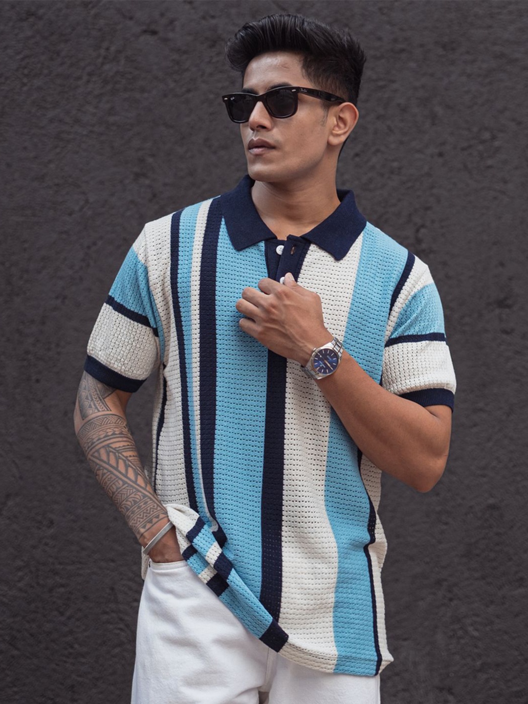 

Powerlook Men Striped Polo Collar T-shirt, Blue