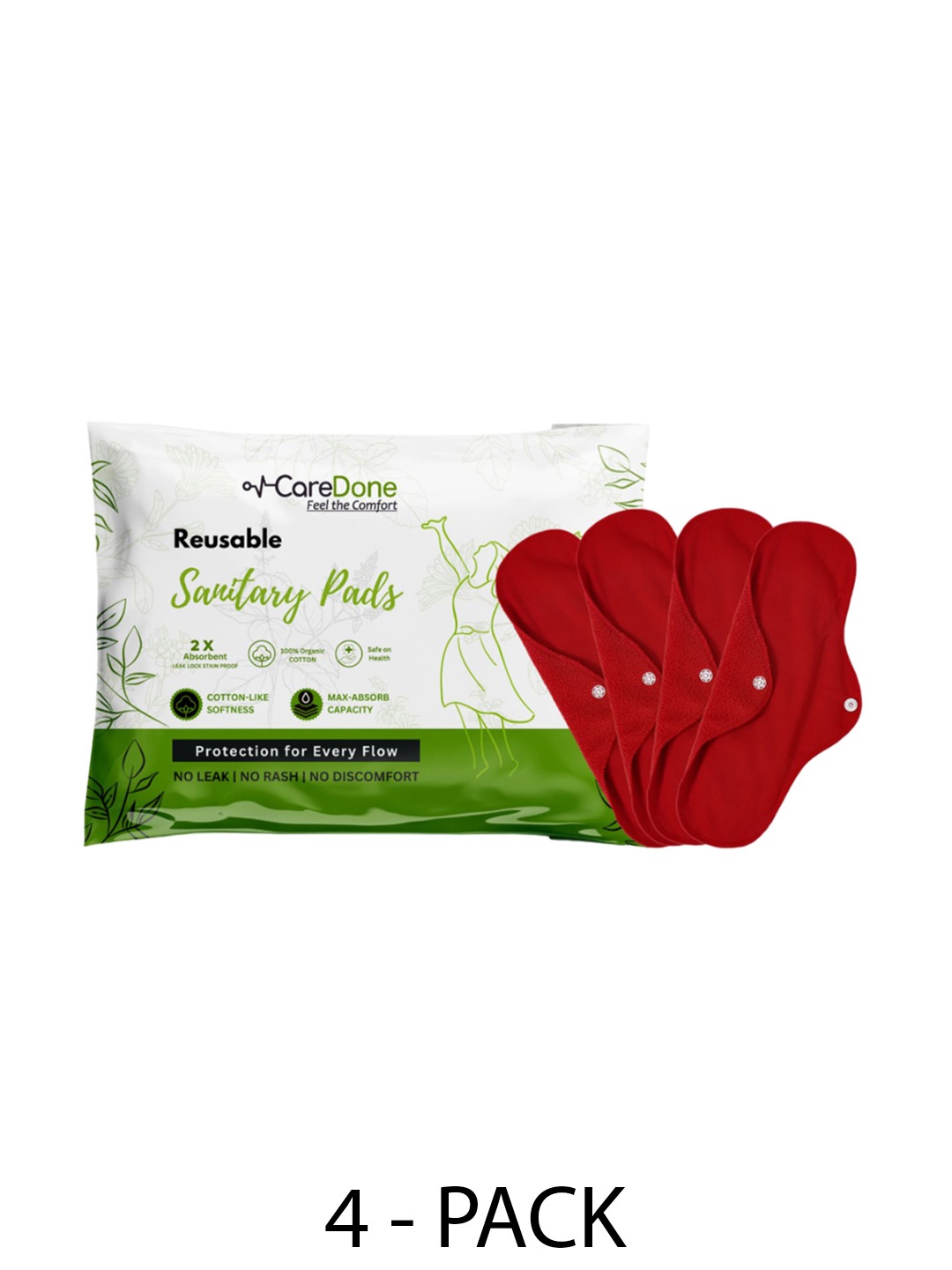 

CareDone Set Of 4 Reusable 100% Organic Cotton Sanitary Cloth Pads - XL, Red