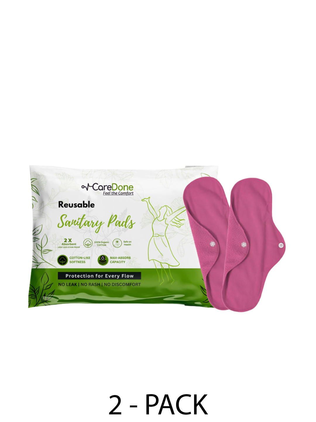 

CareDone Set Of 2 Reusable 100% Organic Cotton Sanitary Cloth Pads - XL, Pink